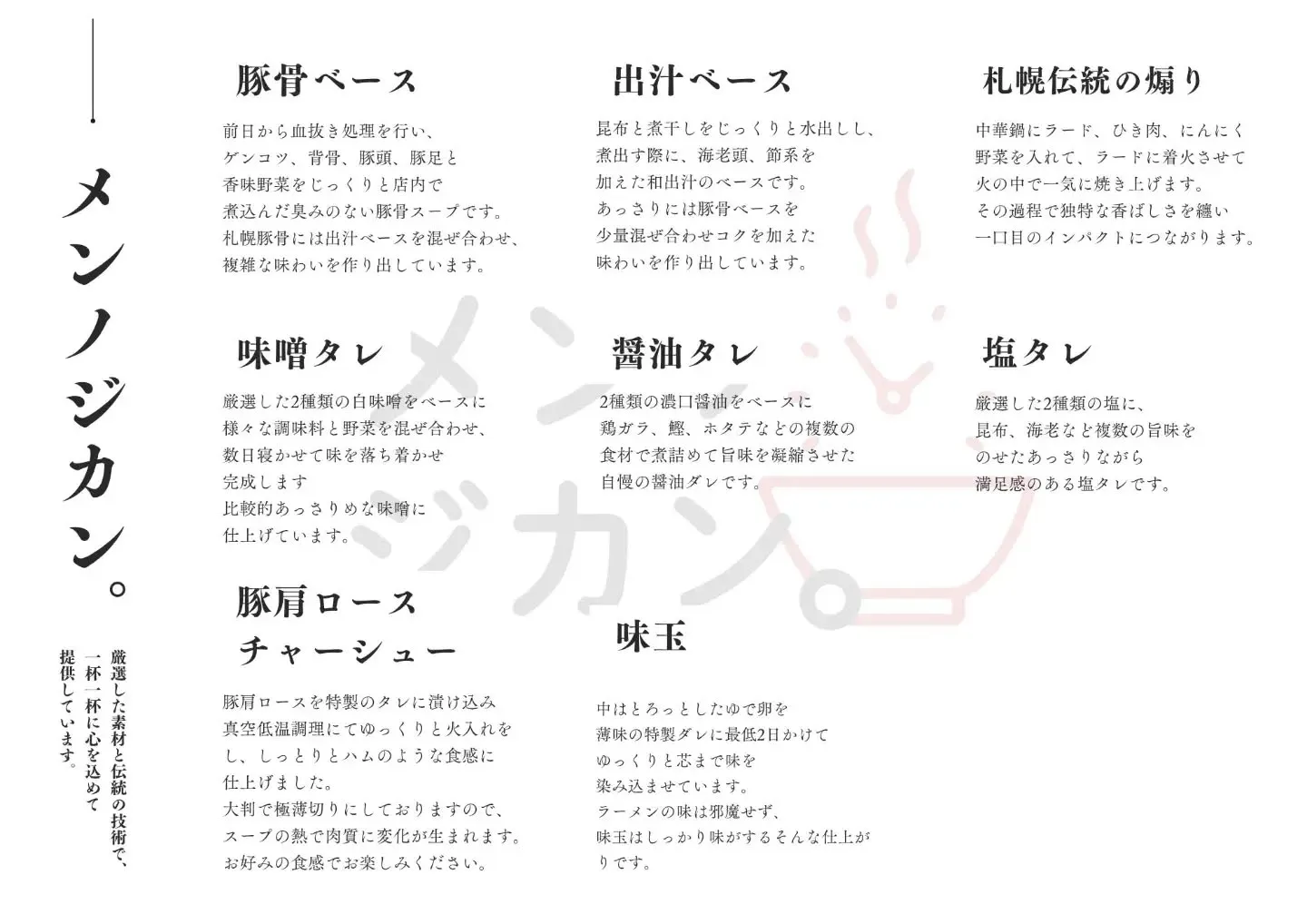 当店のラーメンやトッピングに関しての、
